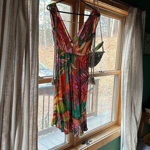 True Destinations Size S Resortwear BOHO Smocked Tiered Tropical Midi/Maxi Dress
